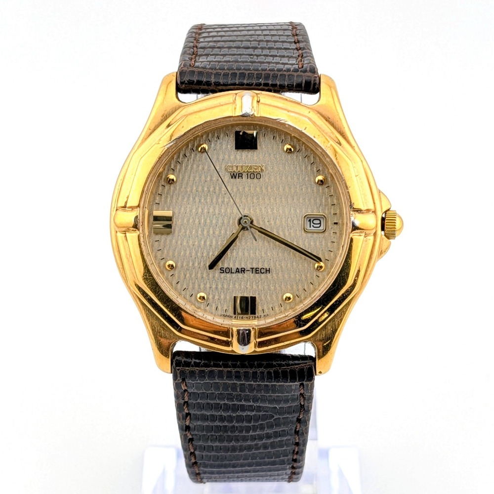 Vintage 1999 Citizen Solar-Tech A114-H16561 Gold Tone 36mm Watch Lizard Strap